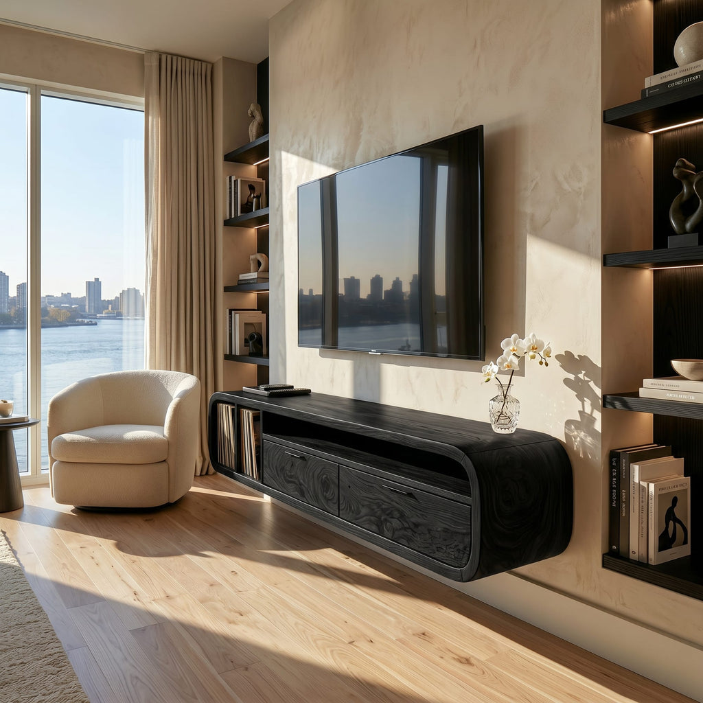 Floating Walnut TV Cabinet Vinyl Record Storage, solid wood, built to order