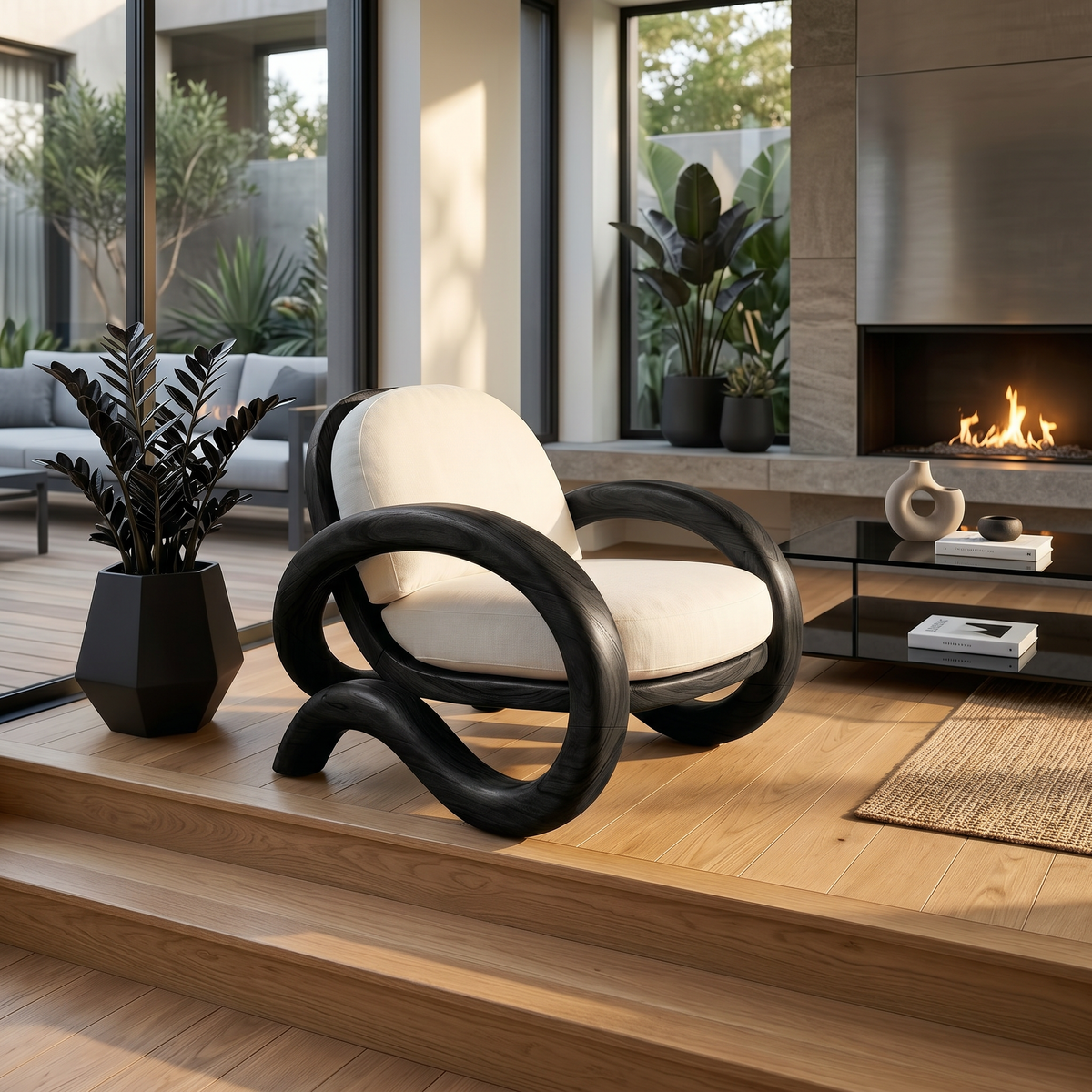 Contemporary Curved Lounge Chair Villa Interior, solid wood, built to order, view 2