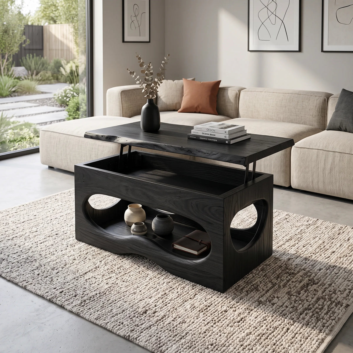 Organic Modern Lift Top Coffee Table Living Room, solid wood, built to order, view 3