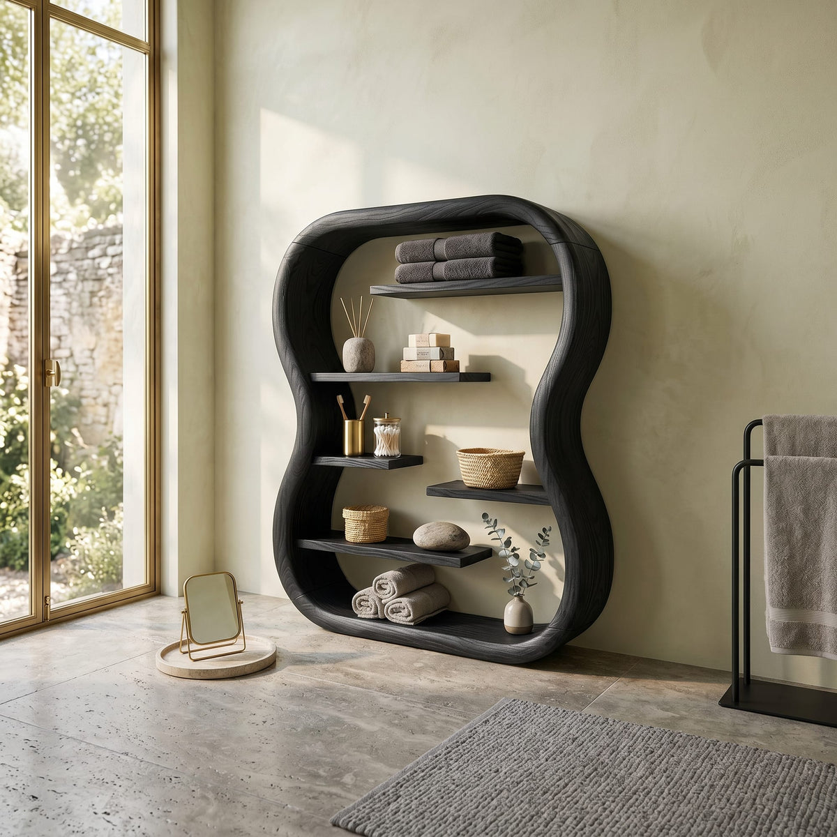 Contemporary Organic Bookshelf with Curved Frame, solid wood, built to order