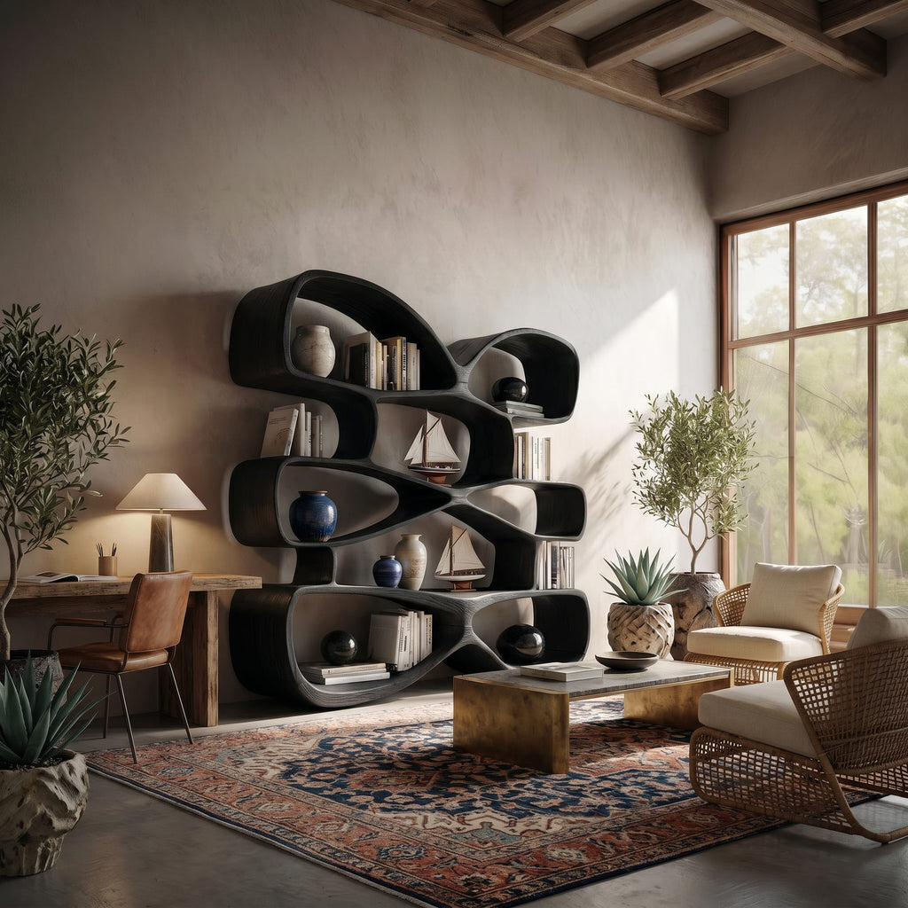 Contemporary Biomorphic Bookshelf in Fluid Design, solid wood, built to order