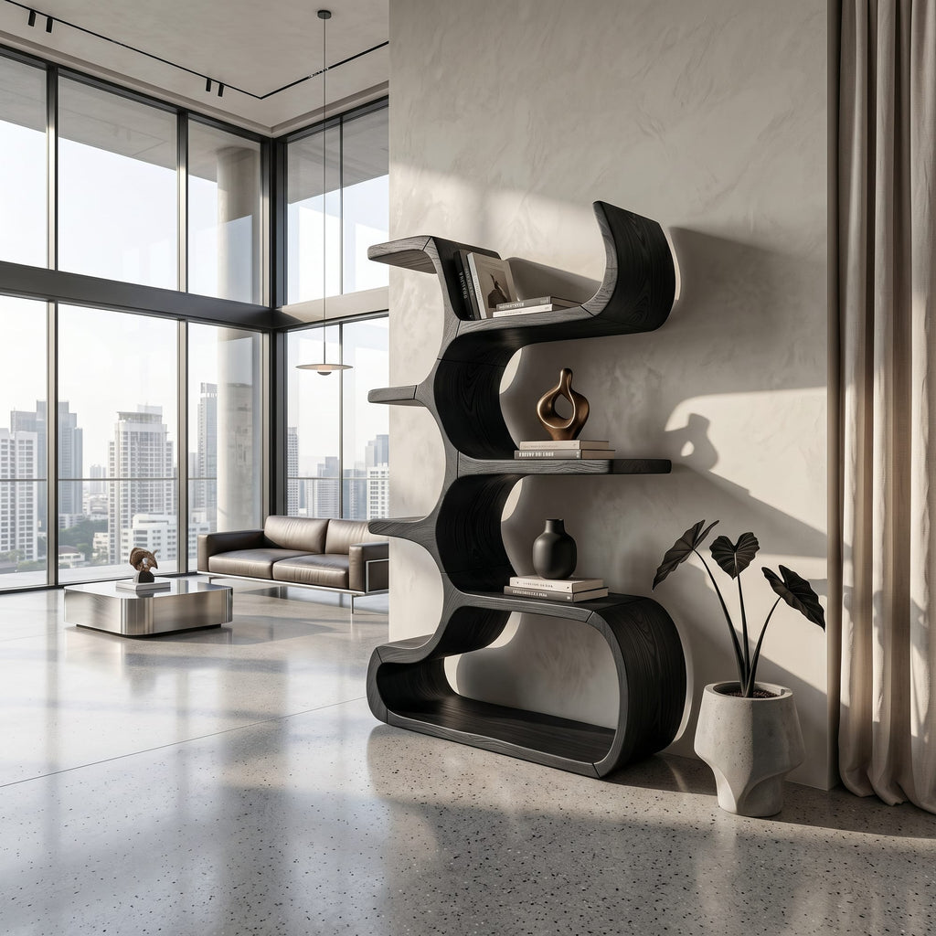 Contemporary Bookcase in Sculpted Curves, solid wood, built to order