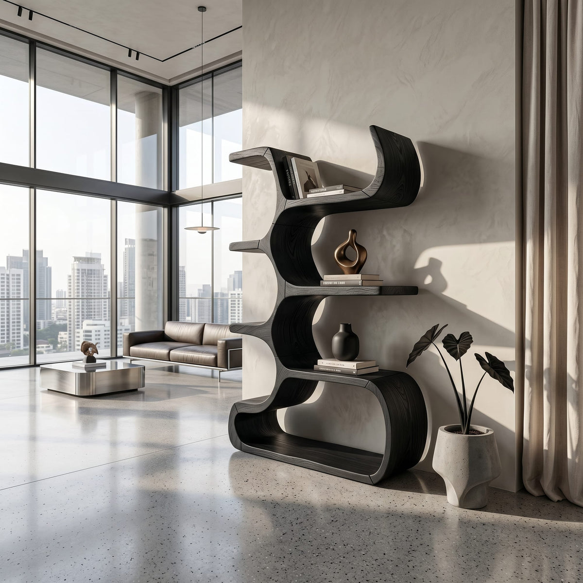 Contemporary Bookcase in Sculpted Curves, solid wood, built to order