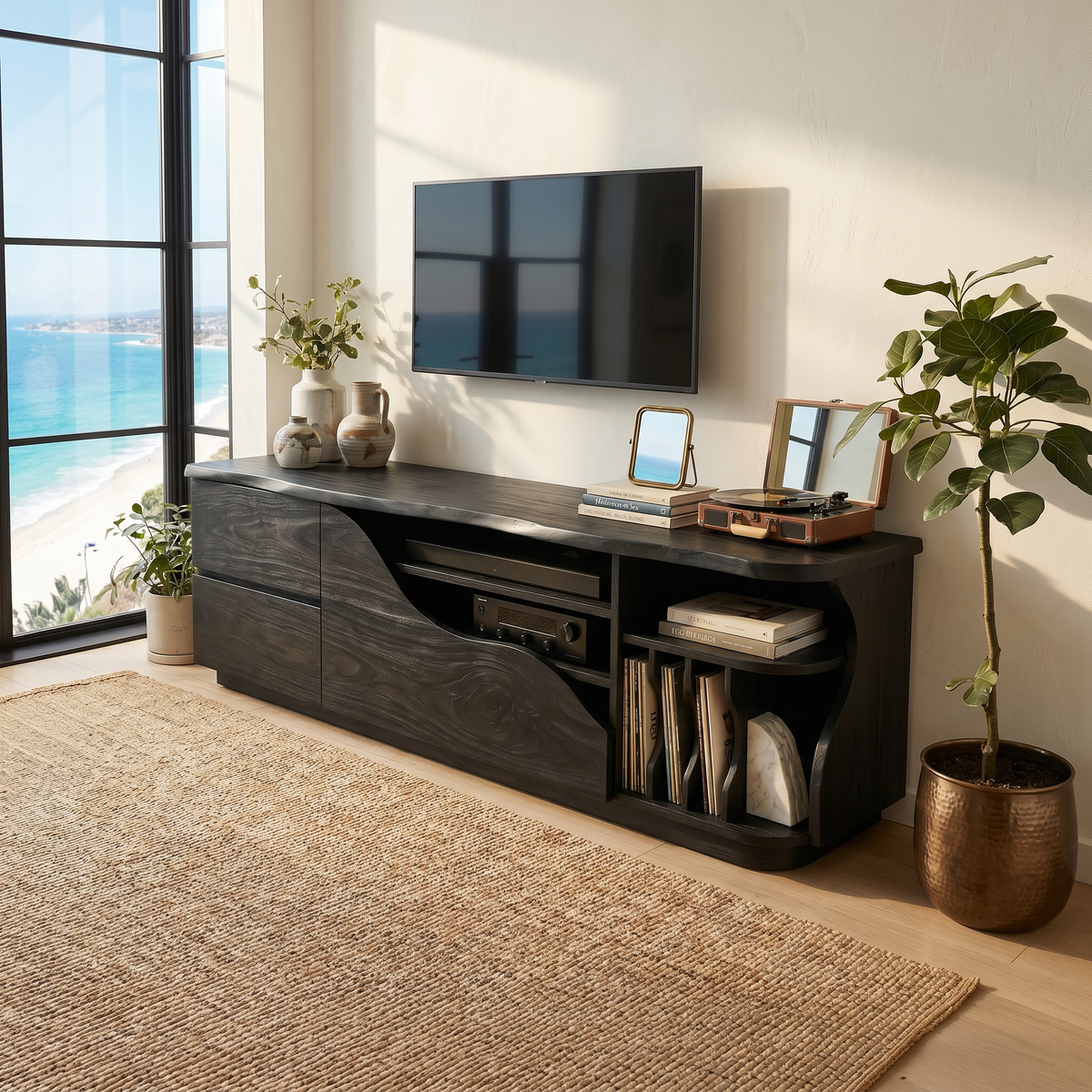 Organic Modern Media Console Vinyl Storage Cabinet, solid wood, built to order, view 4