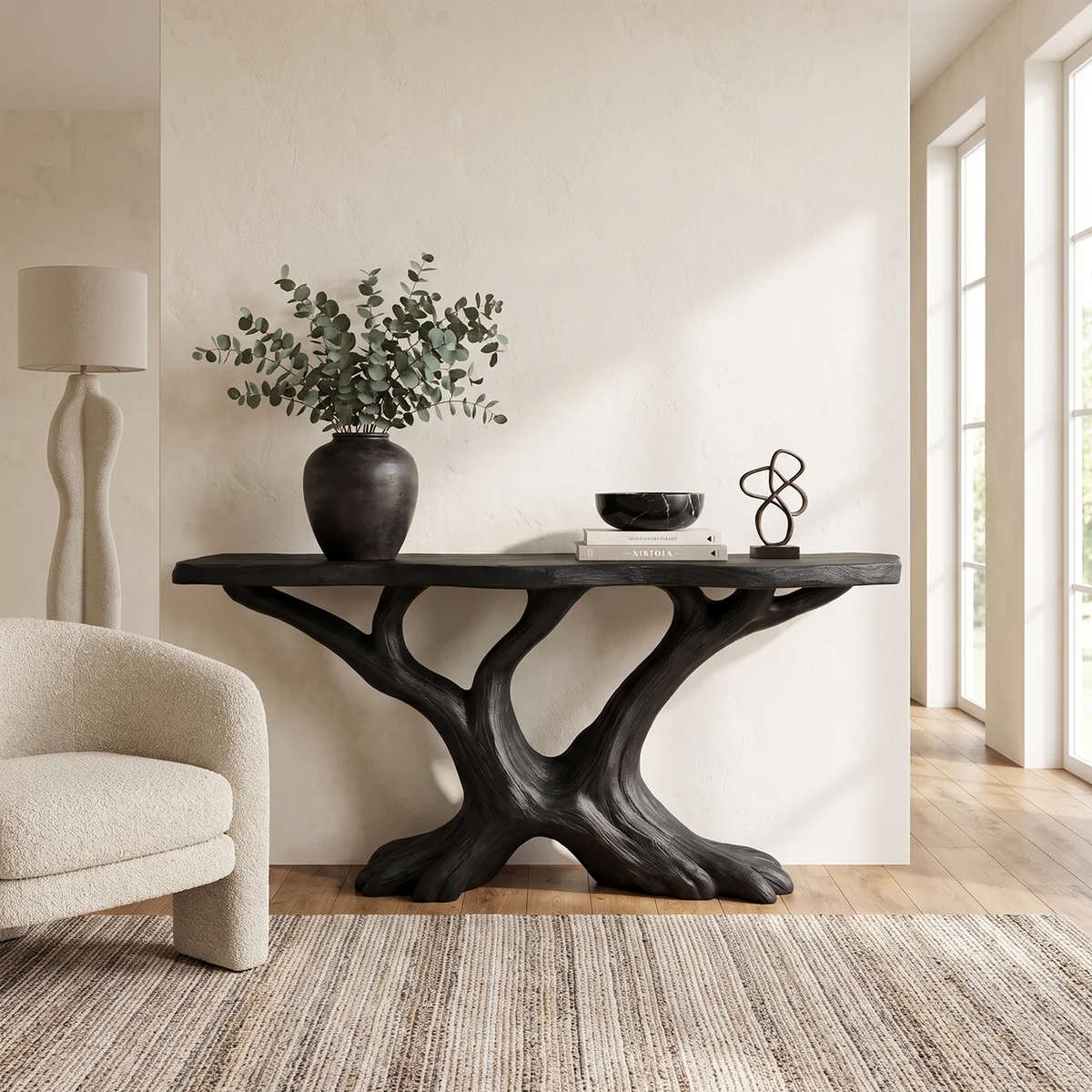 Contemporary Sculptural Console Table Entryway, solid wood, built to order, view 4