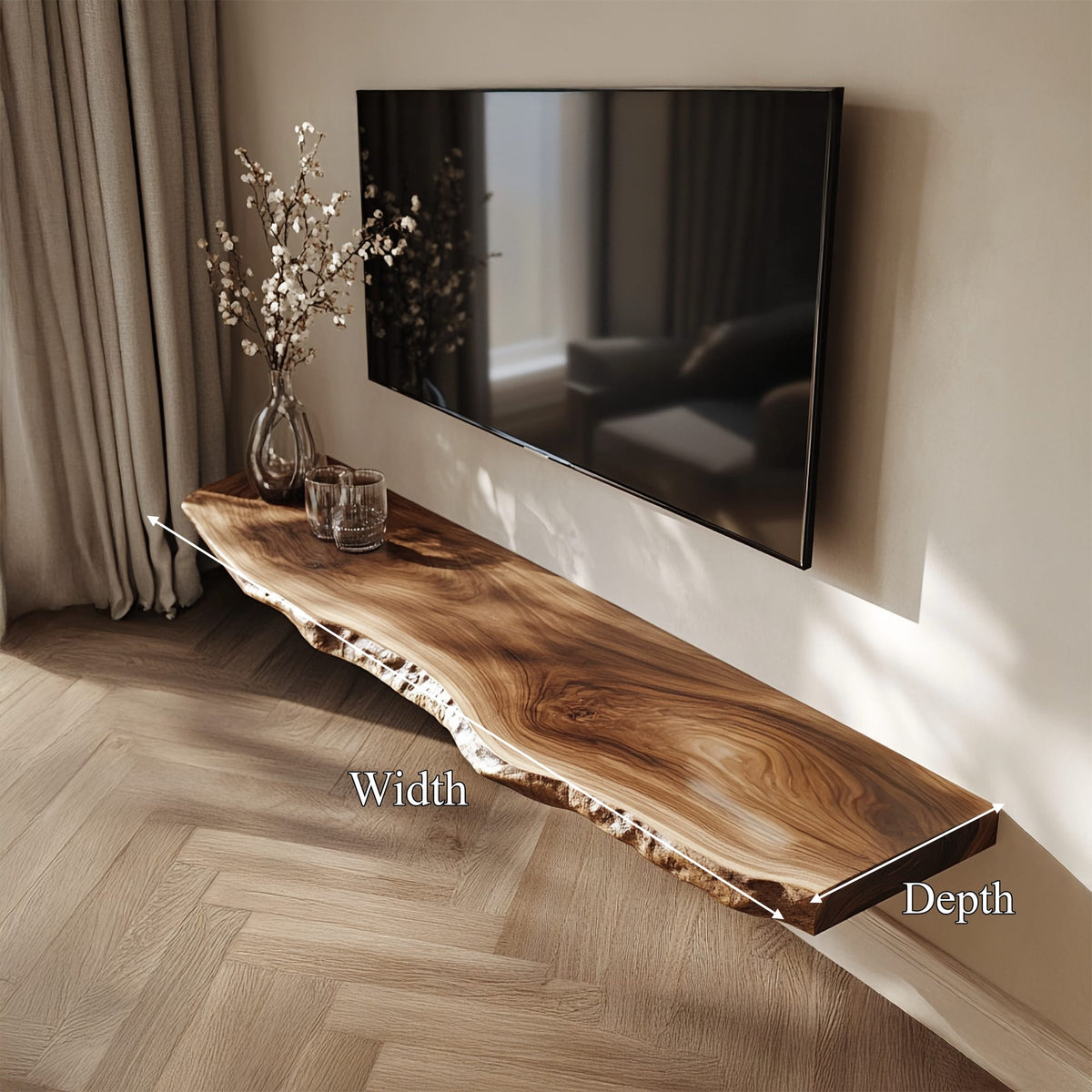 Live Edge Solid Floating TV Console Organic Living Room Interior, solid wood, built to order