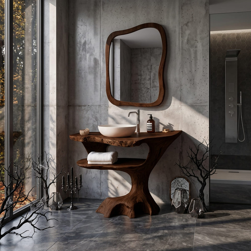 Contemporary Single Bathroom Vanity with Sculptural Branch Support, solid wood, built to order