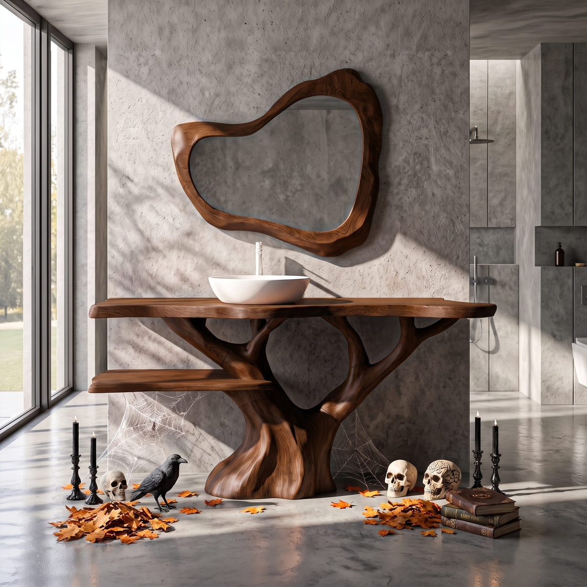 Mid Century Solid Bathroom Vanity with Sculptural Tree Form, solid wood, built to order