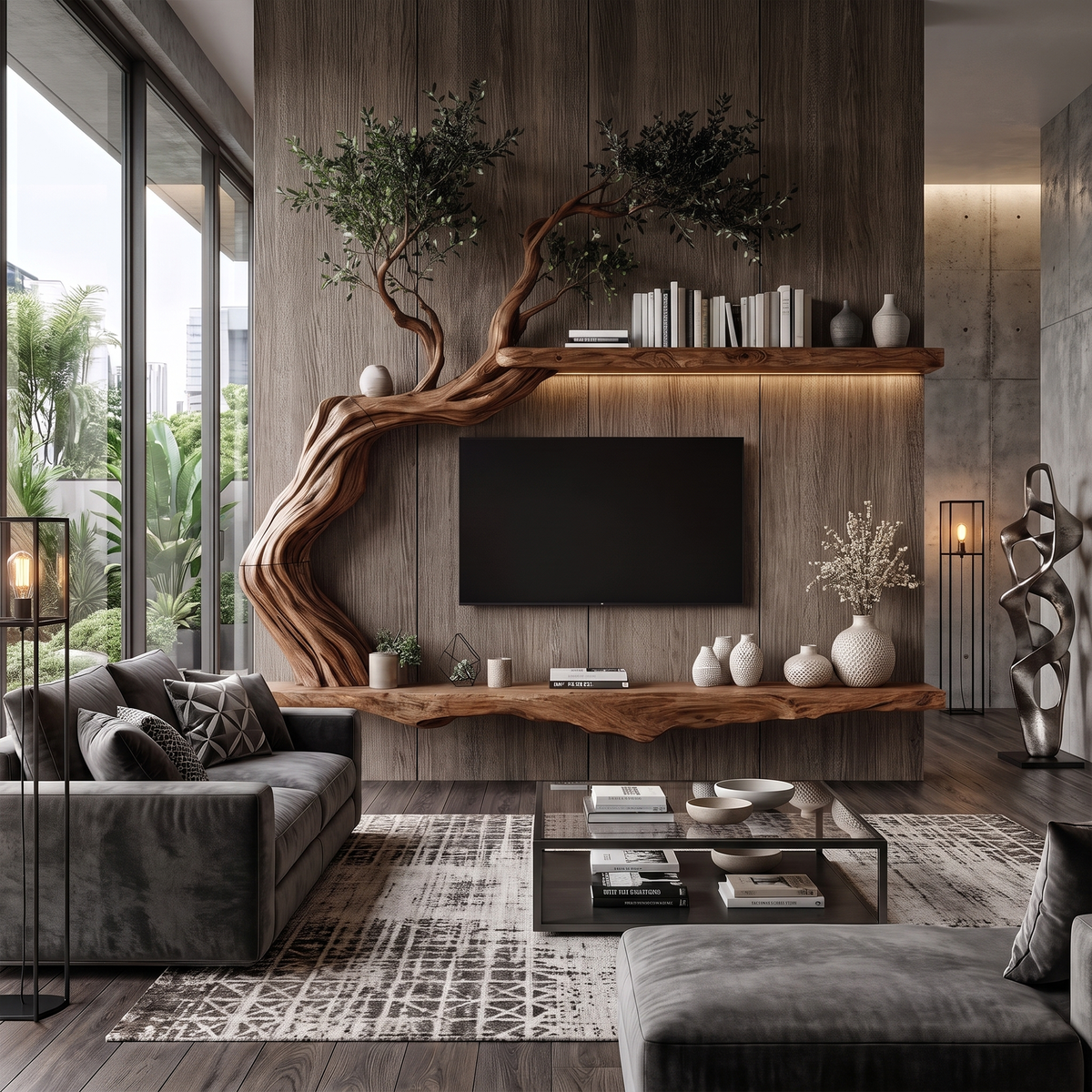 Organic Wall Mounted TV Stand with Sculptural Wood Design, solid wood, built to order, Walnut finish