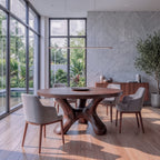 Contemporary Round Dining Table with Flowing Crossed Design, solid wood, built to order