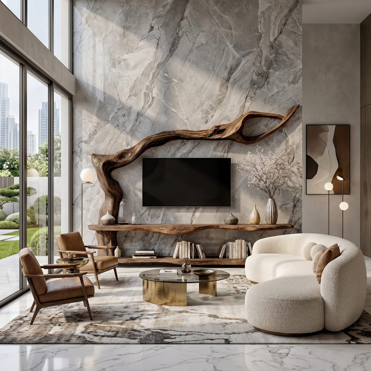 Contemporary TV Cabinet with Sculptural Tree Inspired Base, solid wood, built to order