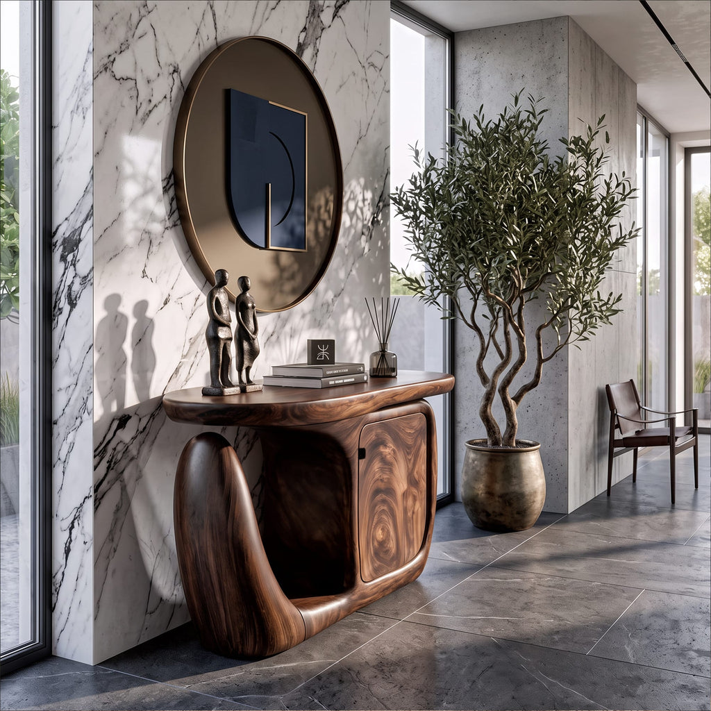 Contemporary Console Table with Sculptural Base and Storage, solid wood, built to order