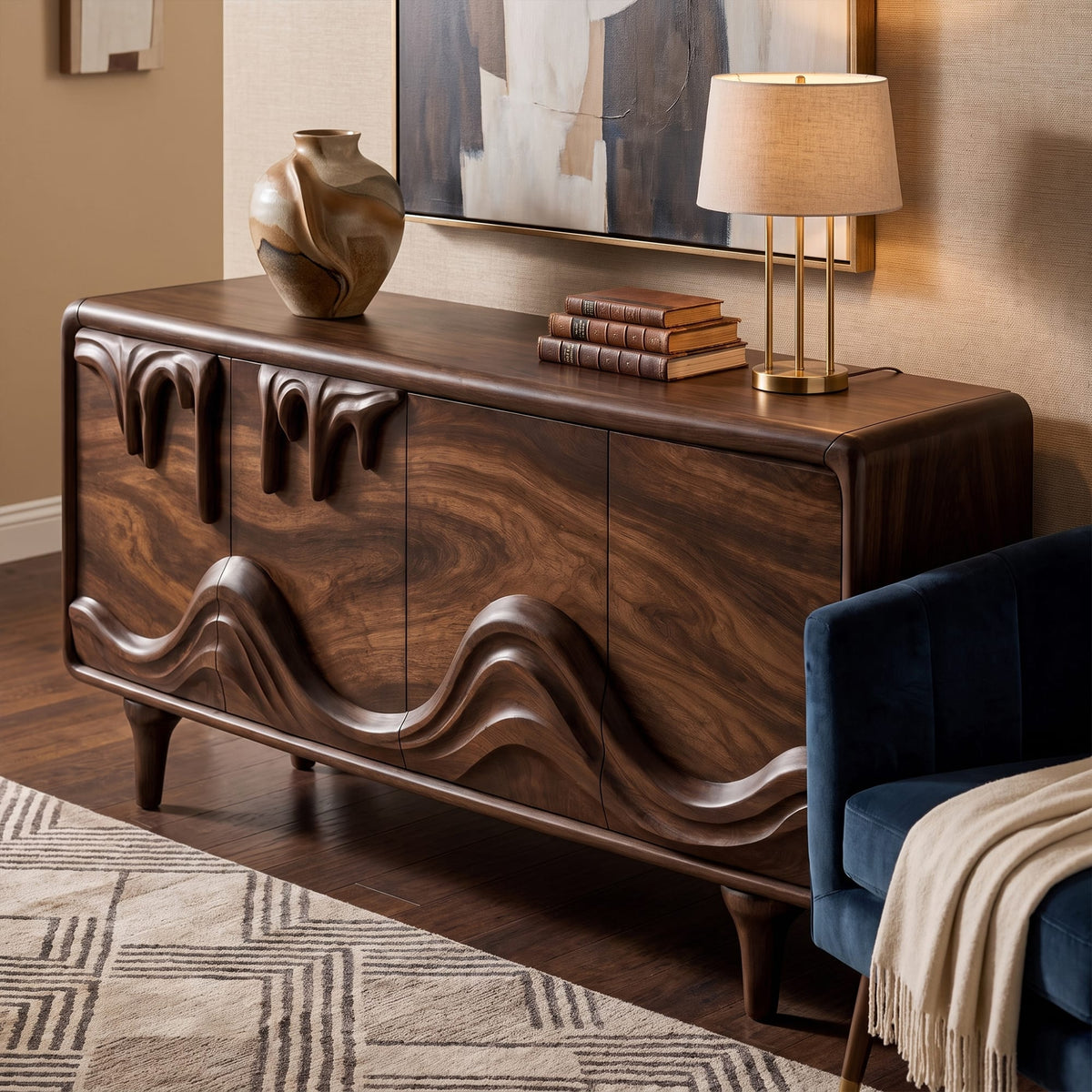 Mid Century Sideboard with Intricately Carved Front Design, solid wood, built to order