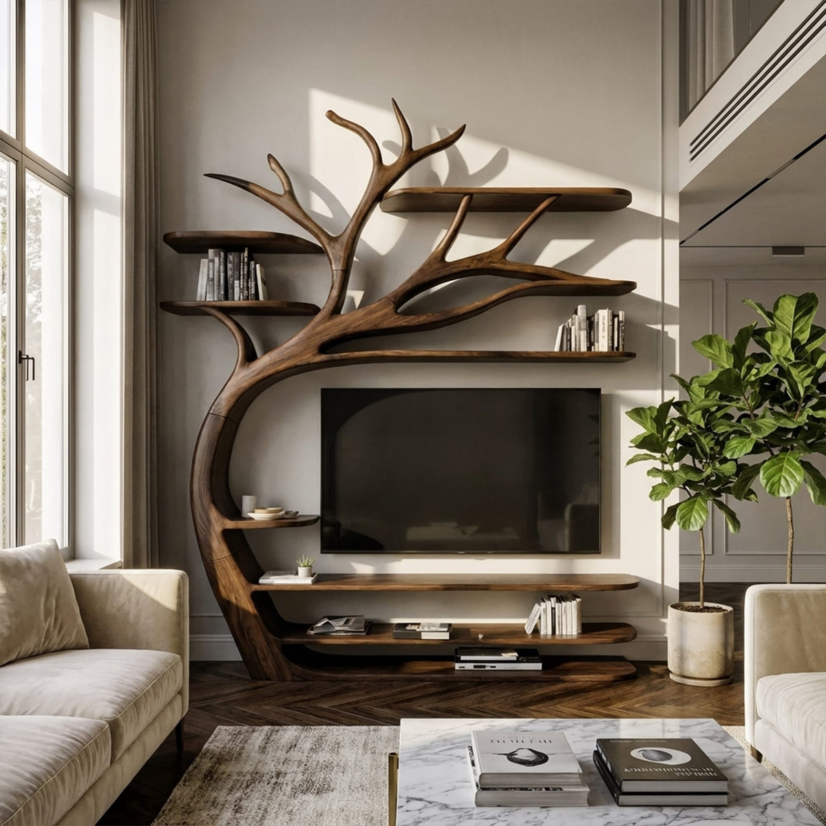 Rustic Tree TV Stand Bedroom Or Living Room Decor, solid wood, built to order