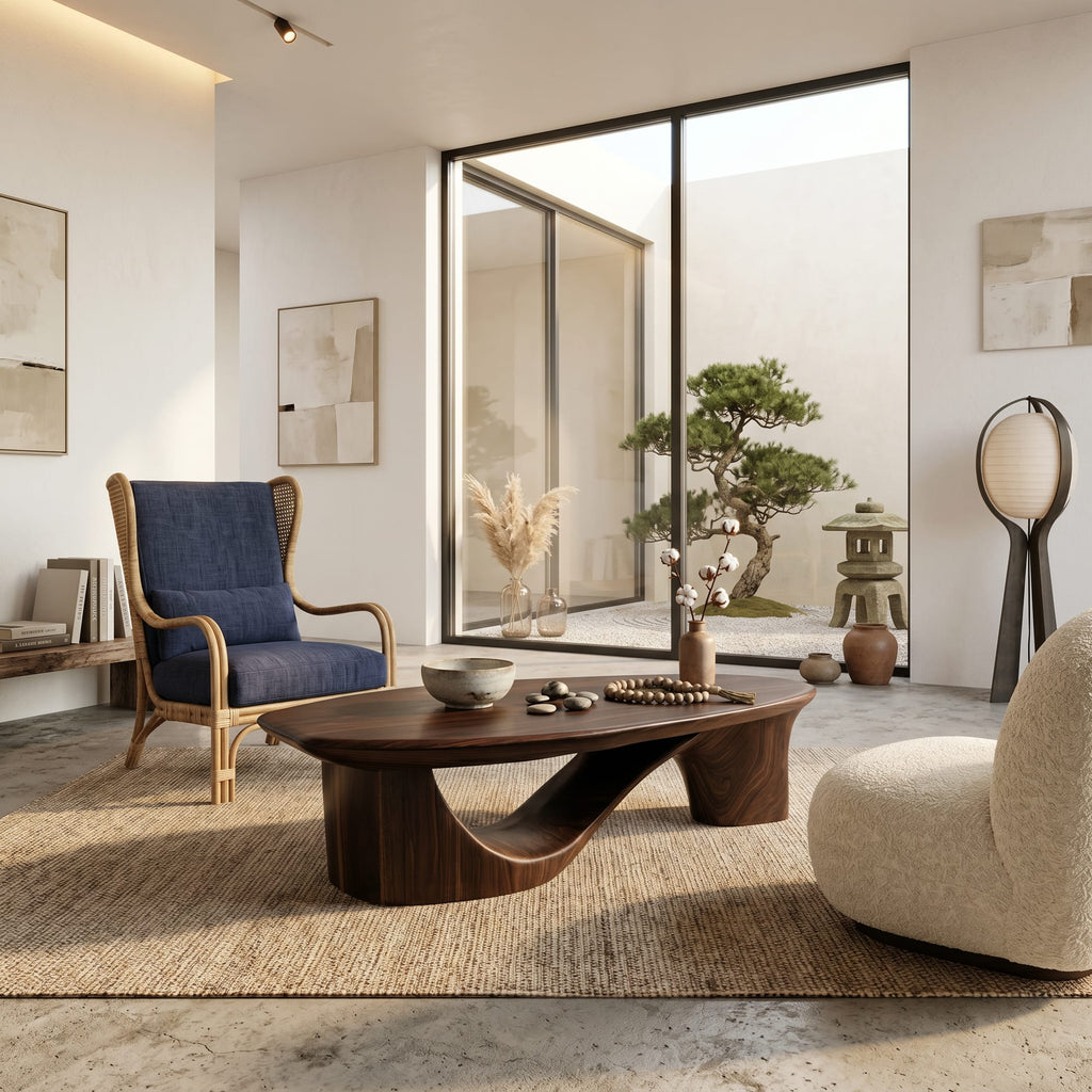 Contemporary Coffee Table with Sculptural Base, solid wood, built to order