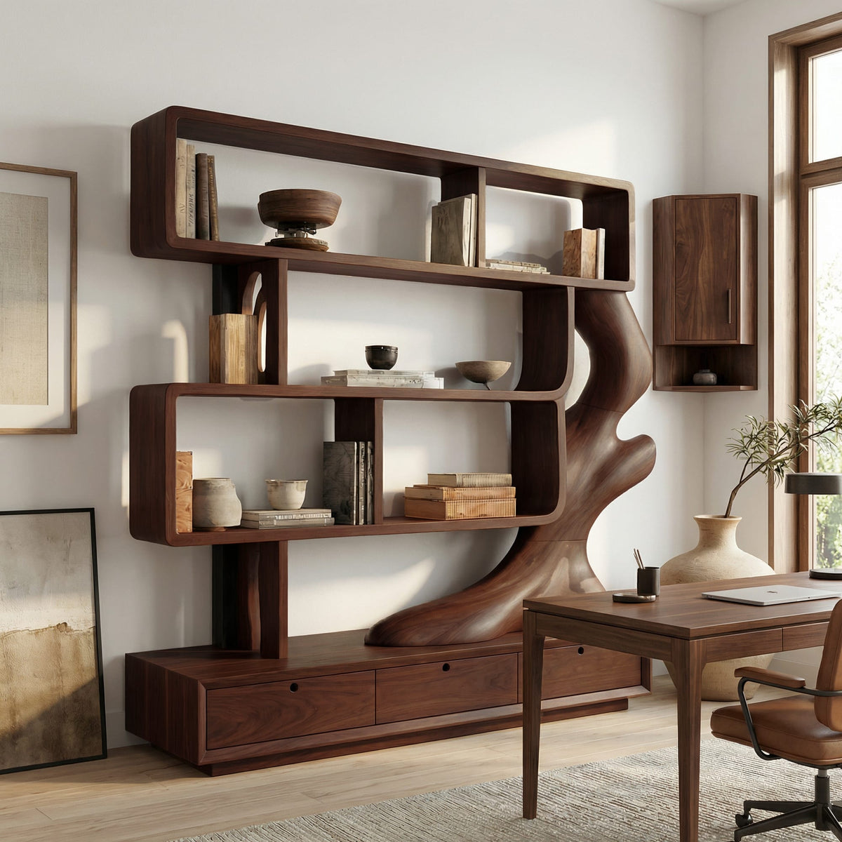 Contemporary Bookcase with Storage, solid wood, built to order