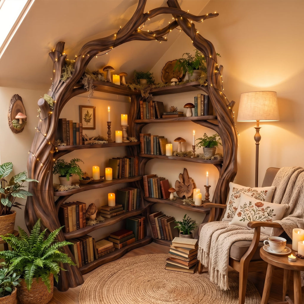 Tree Wall Bookshelf Corner Storage Bookcase Wooden Display Shelf, solid wood, built to order