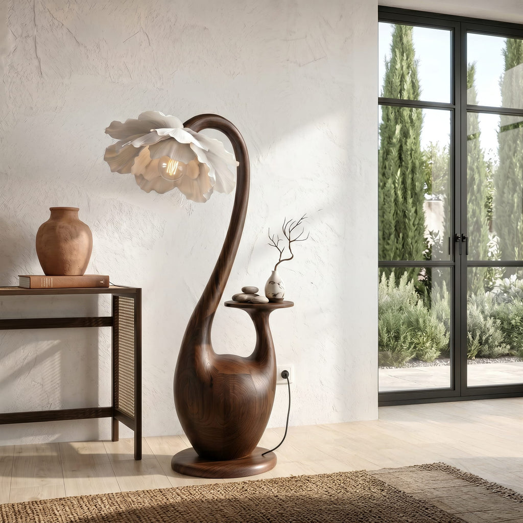 Artistic Floor Lamp with Sculptural Organic Base and Integrated Shelf, solid wood, built to order