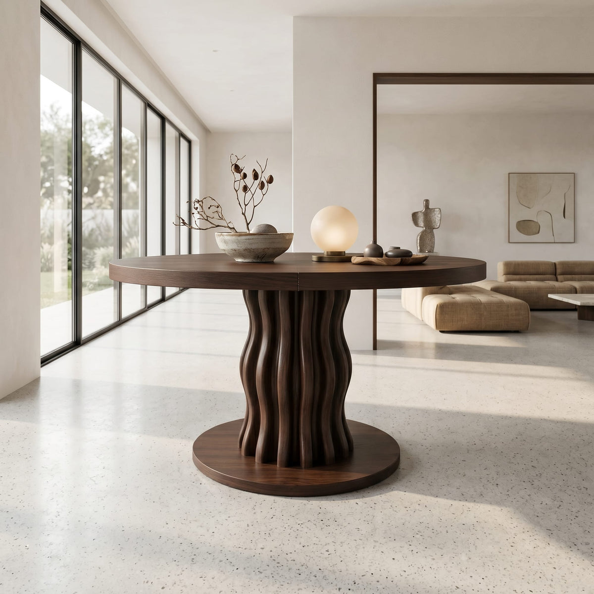 Contemporary Round Entryway Table with Wavy Vertical Form, solid wood, built to order
