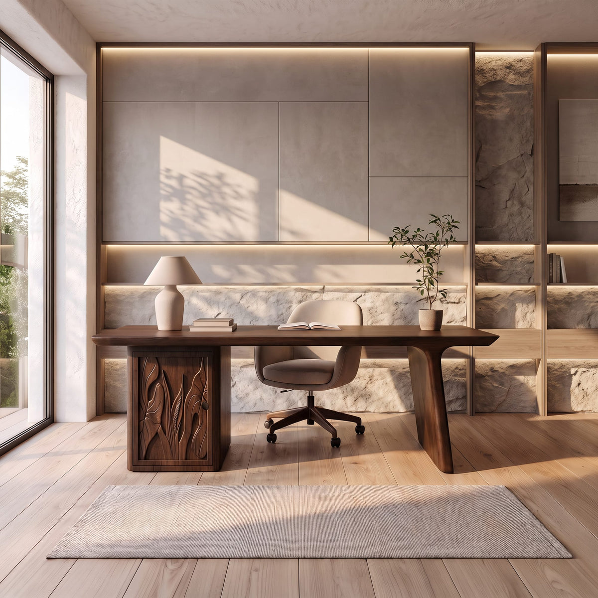 Contemporary Executive Desk with Side Storage Cabinet, solid wood, built to order