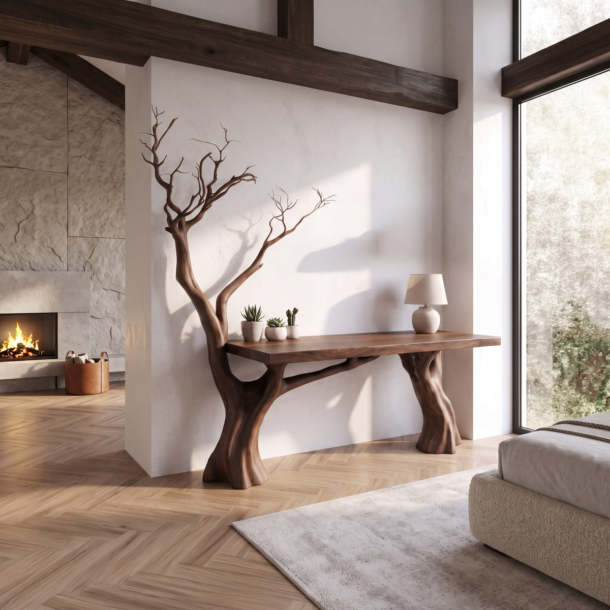 Rustic Computer Desk with Branch Inspired Base, solid wood, built to order