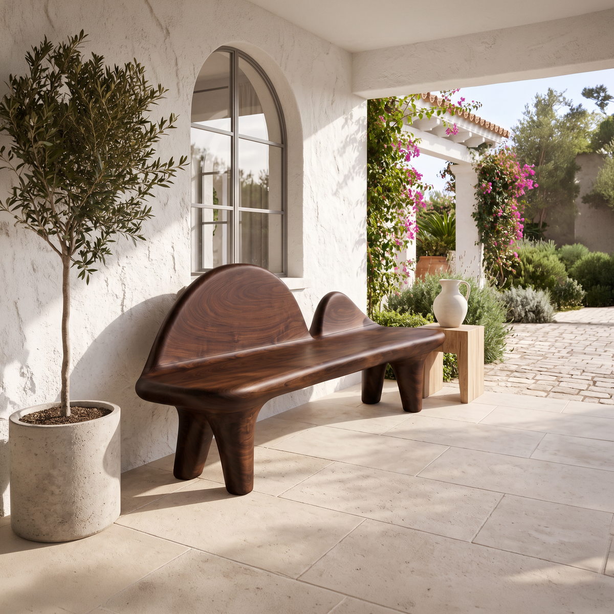 Modern Bench with Sculptural Curved Backrest, solid wood, built to order, view 4