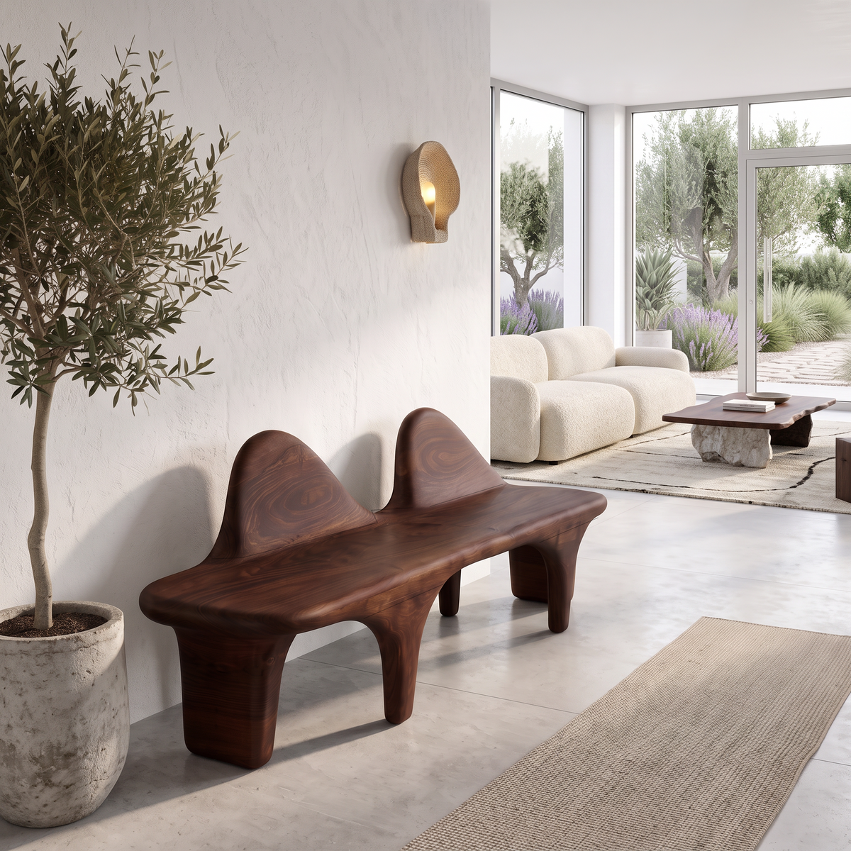 Organic Wooden Bench with Flowing Back Design, solid wood, built to order, view 4