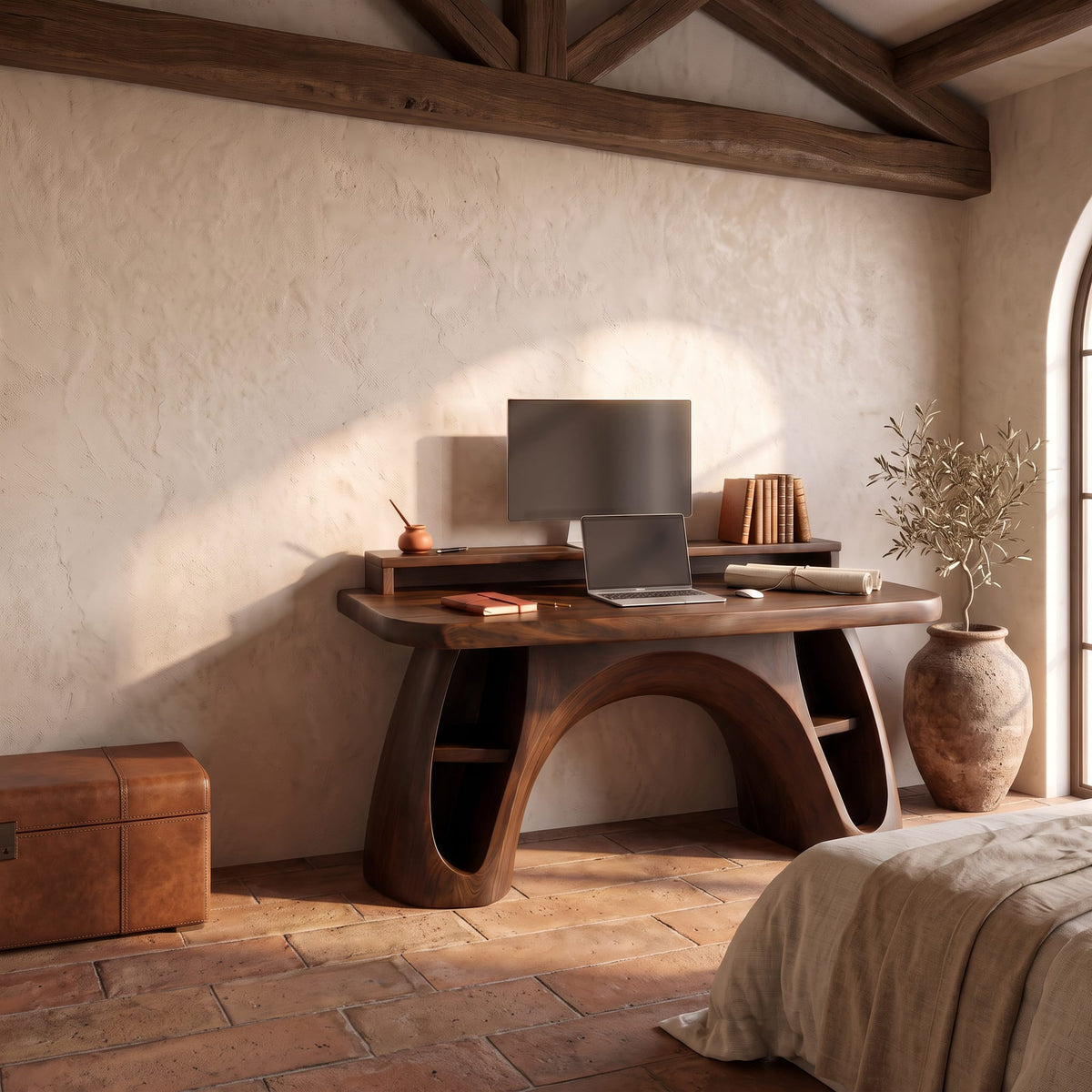 Contemporary Office Desk with Raised Monitor Platform, solid wood, built to order