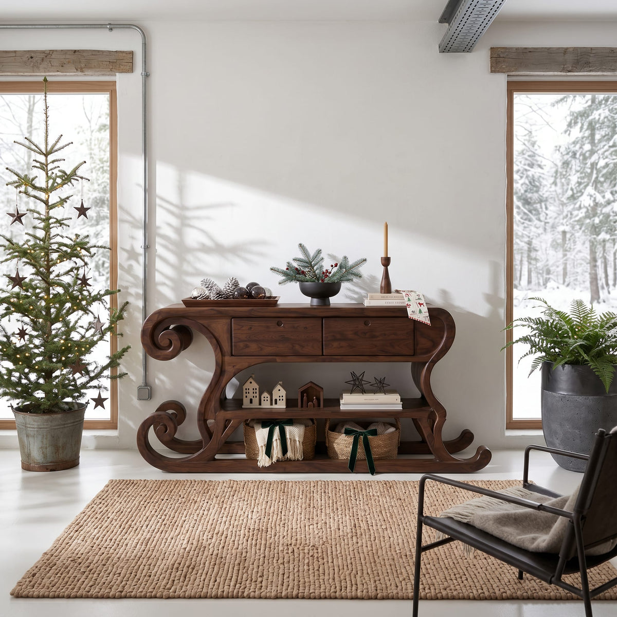 Rustic Console Table with Sleigh Inspired Scroll Design, solid wood, built to order