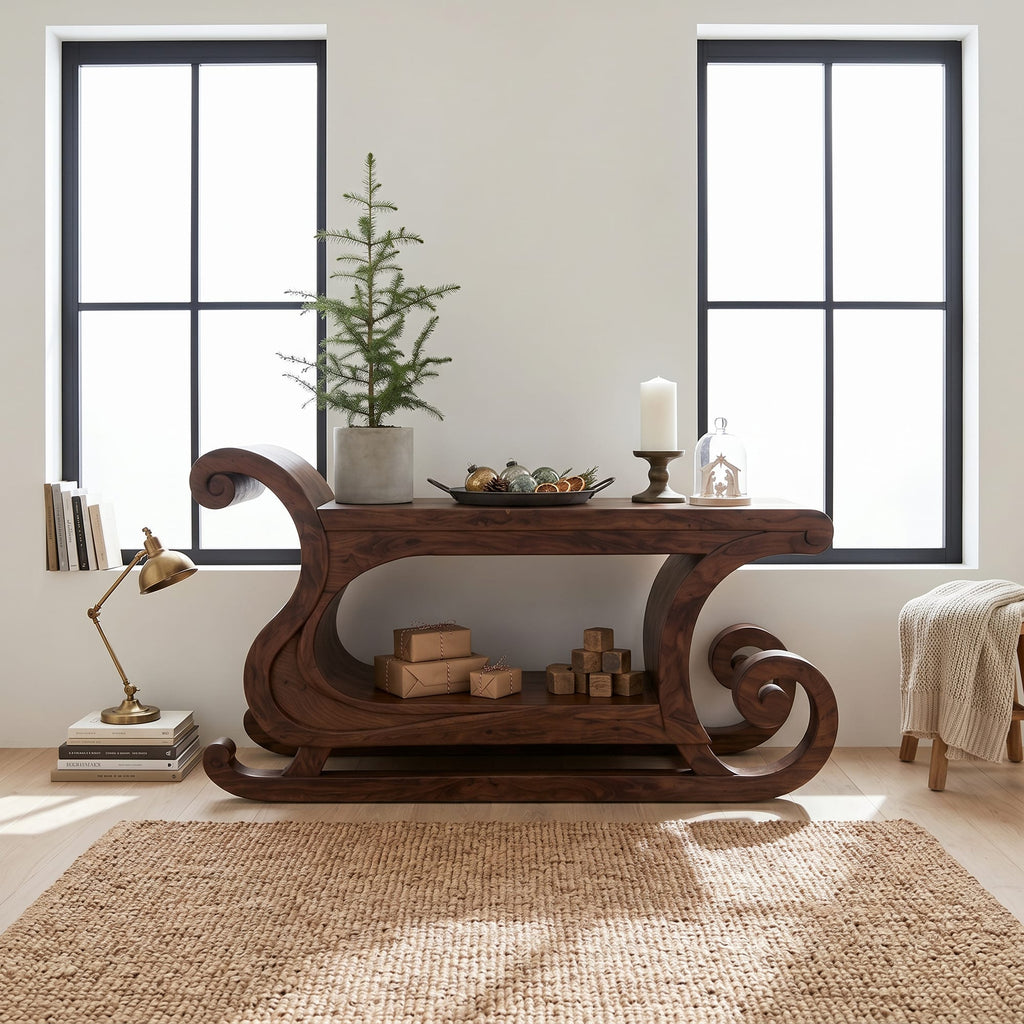 Rustic Console Table with Carved Sleigh Design, solid wood, built to order