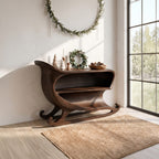 Farmhouse Console Table with Sleigh Inspired Scroll Design, solid wood, built to order
