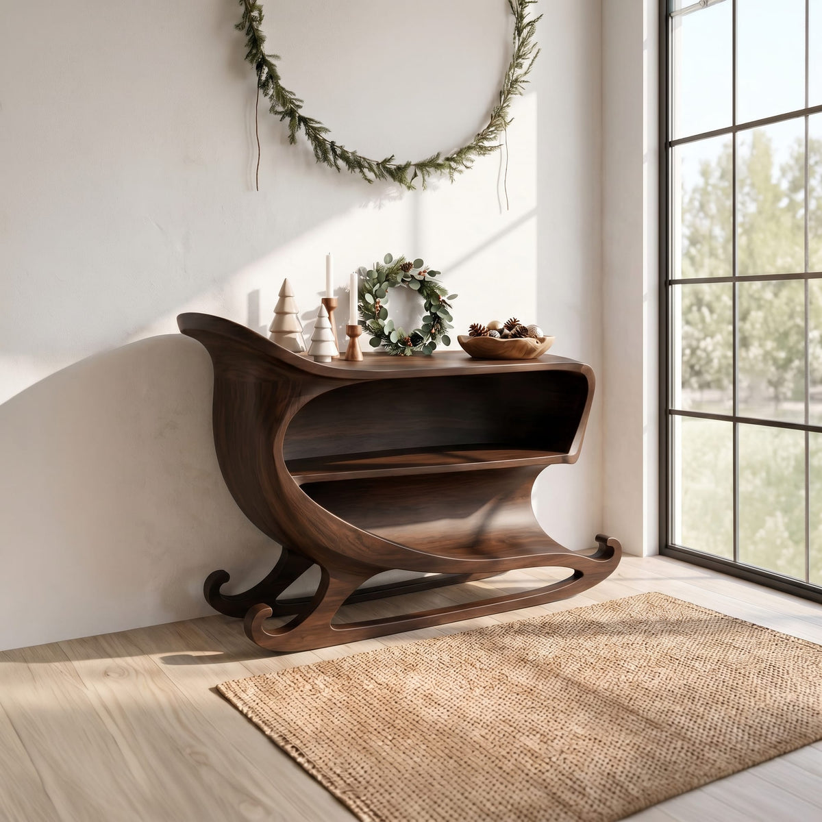 Farmhouse Console Table with Sleigh Inspired Scroll Design, solid wood, built to order