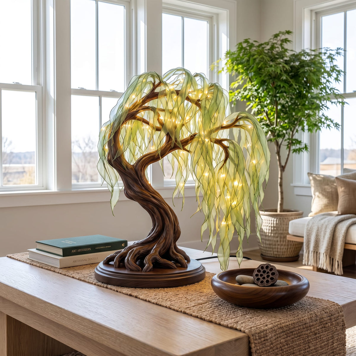 Japandi Bonsai Tree Table Lamp for Nightstand, solid wood, built to order