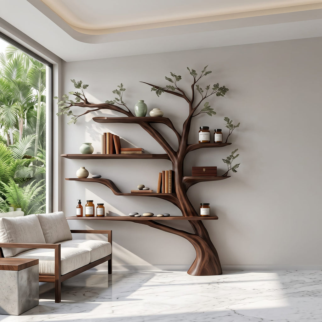 Rustic Book Tree Shelf Home Office, solid wood, built to order