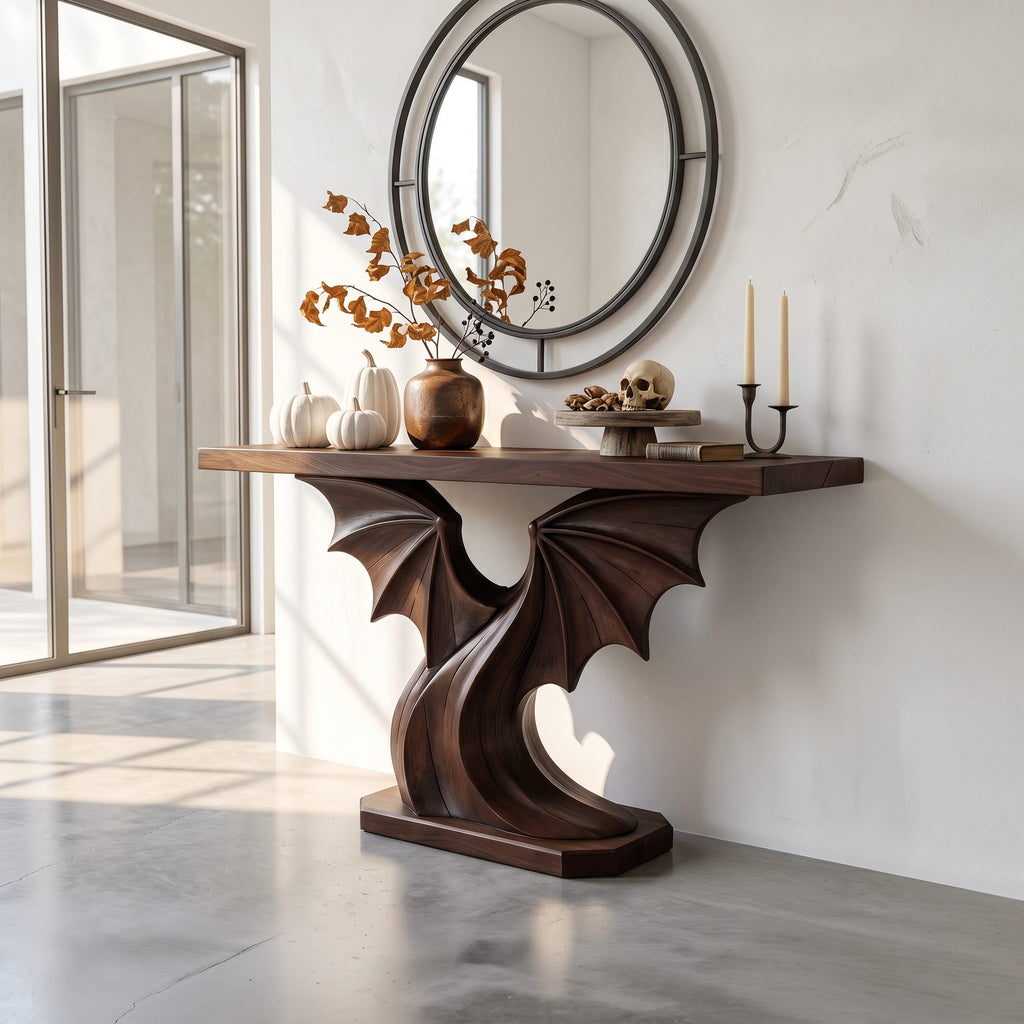 Contemporary Console Table with Sculptural Bat Wing Design, solid wood, built to order