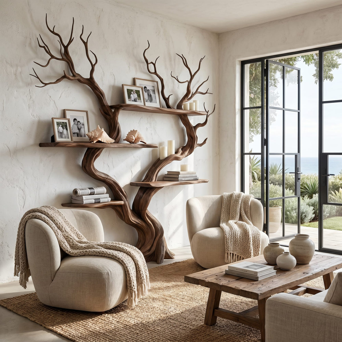 Organic Tree Wall Shelf with Multi Tier Display Shelves, solid wood, built to order
