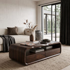 Mid Century Coffee Table with Rounded Frame Storage, solid wood, built to order