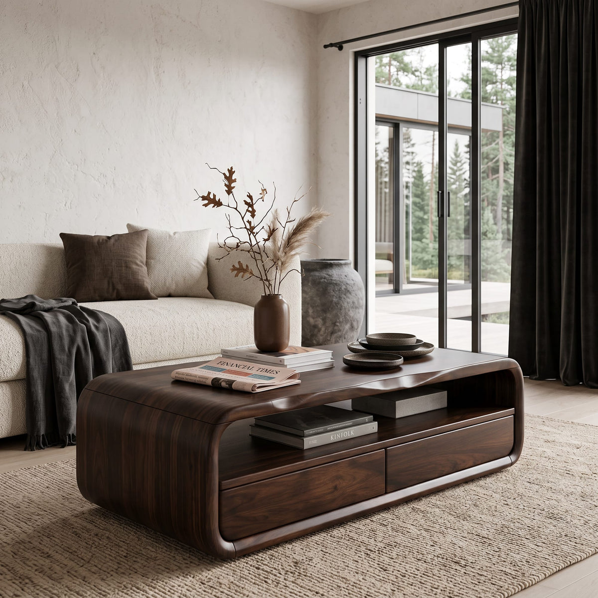 Mid Century Coffee Table with Rounded Frame Storage, solid wood, built to order