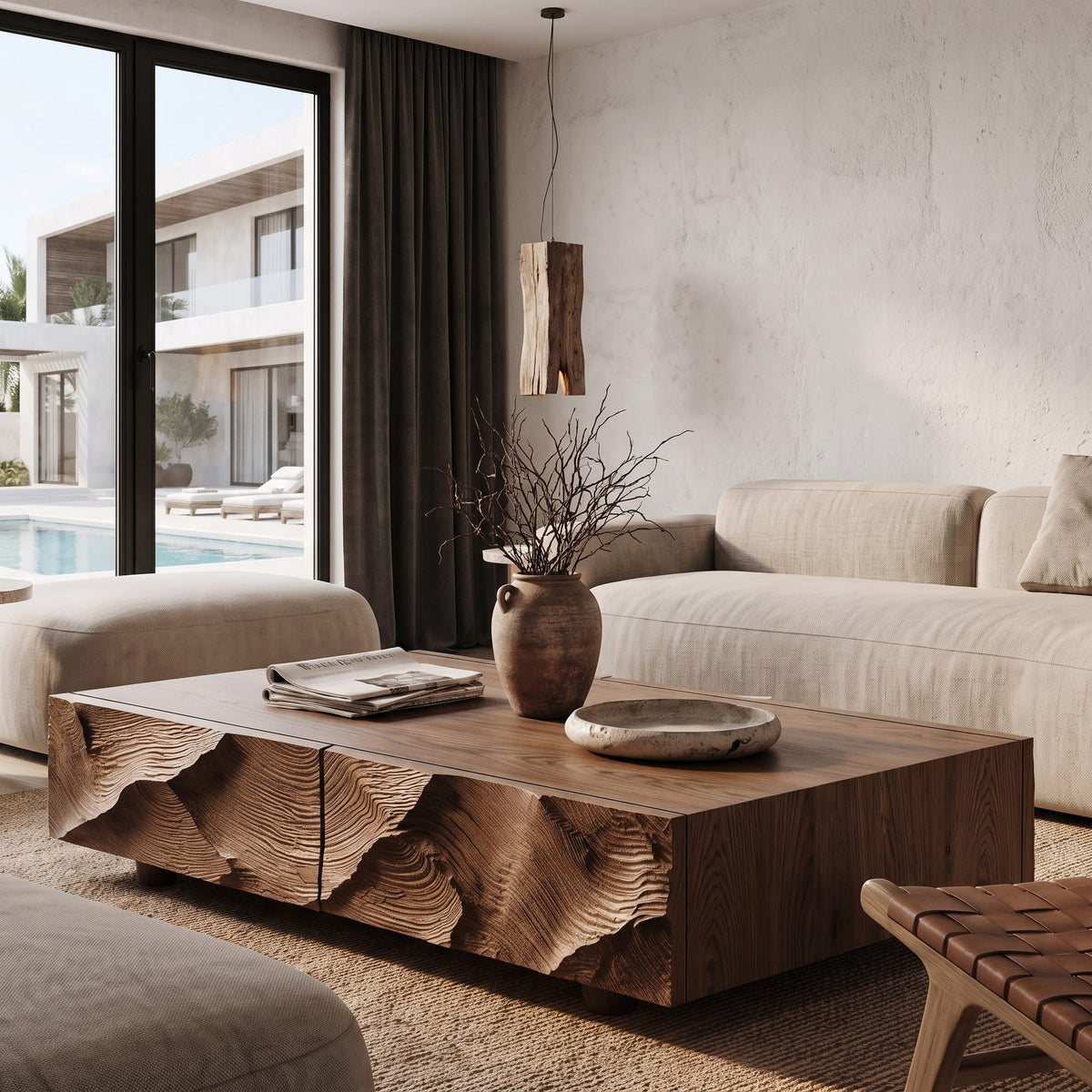 Contemporary Coffee Table with Sculptural Carved Drawer Front, solid wood, built to order