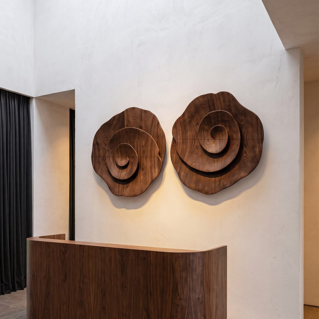 Contemporary Flower Wall Art with Sculptural Spiral Form, solid wood, built to order