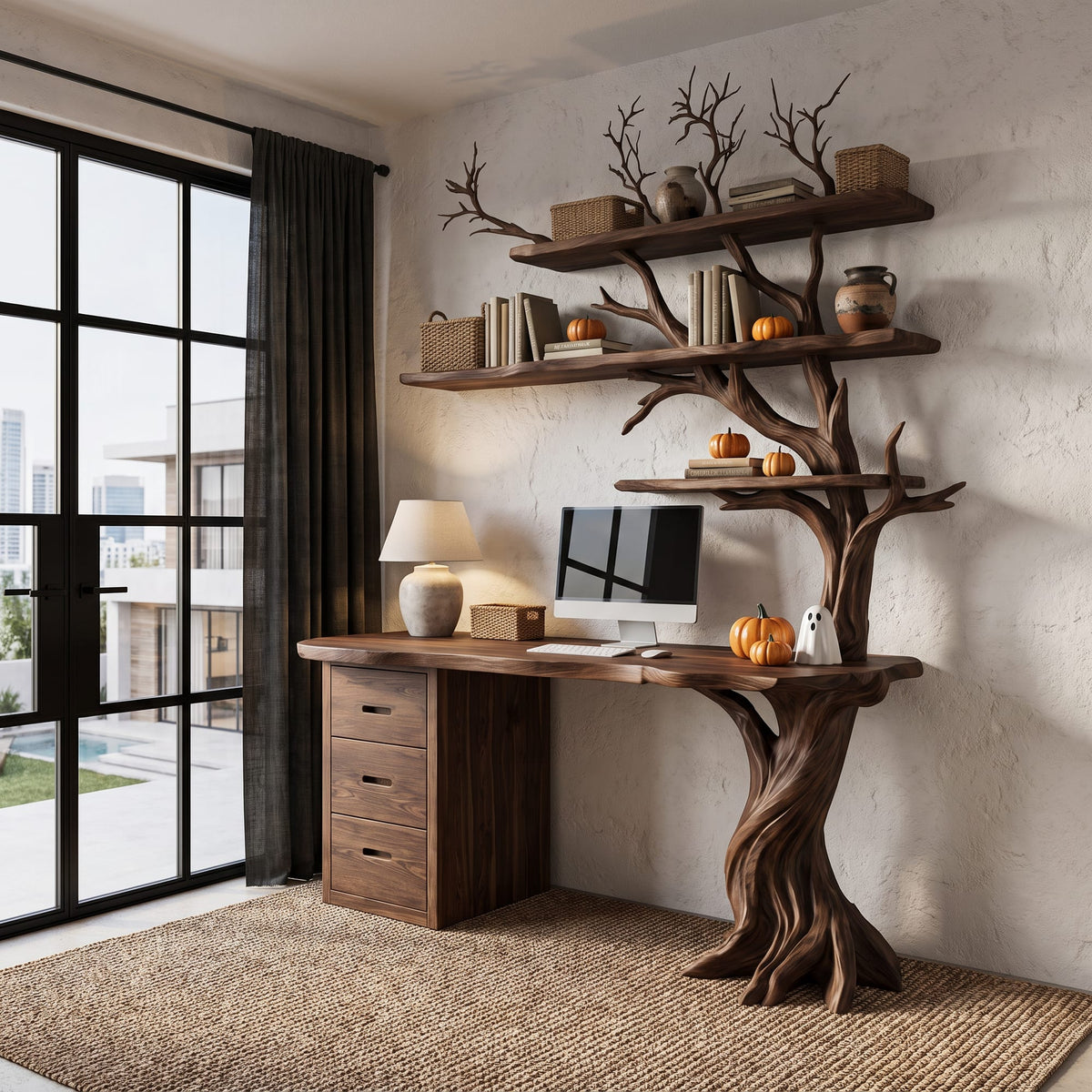 Contemporary Writing Desk with Tree Silhouette, solid wood, built to order