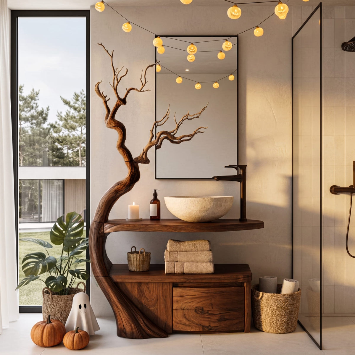 Bathroom Vanity with Tree Branch Design, solid wood, built to order