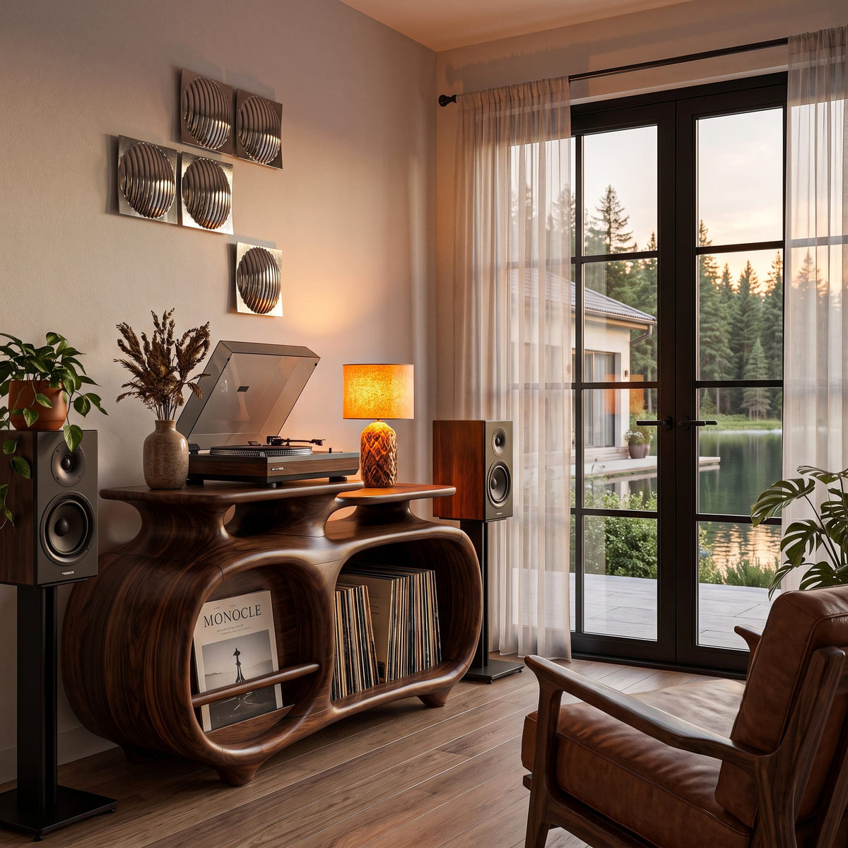 Minimalist Vinyl Console with Soft Continuous Curves, solid wood, built to order