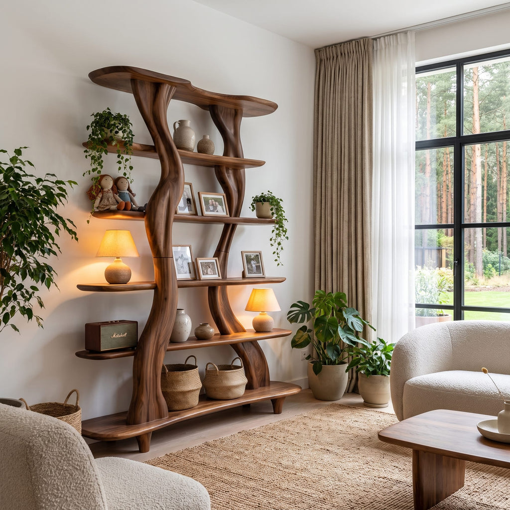 Mid Century Sculptural Bookshelf with Branch Inspired Frame, solid wood, built to order