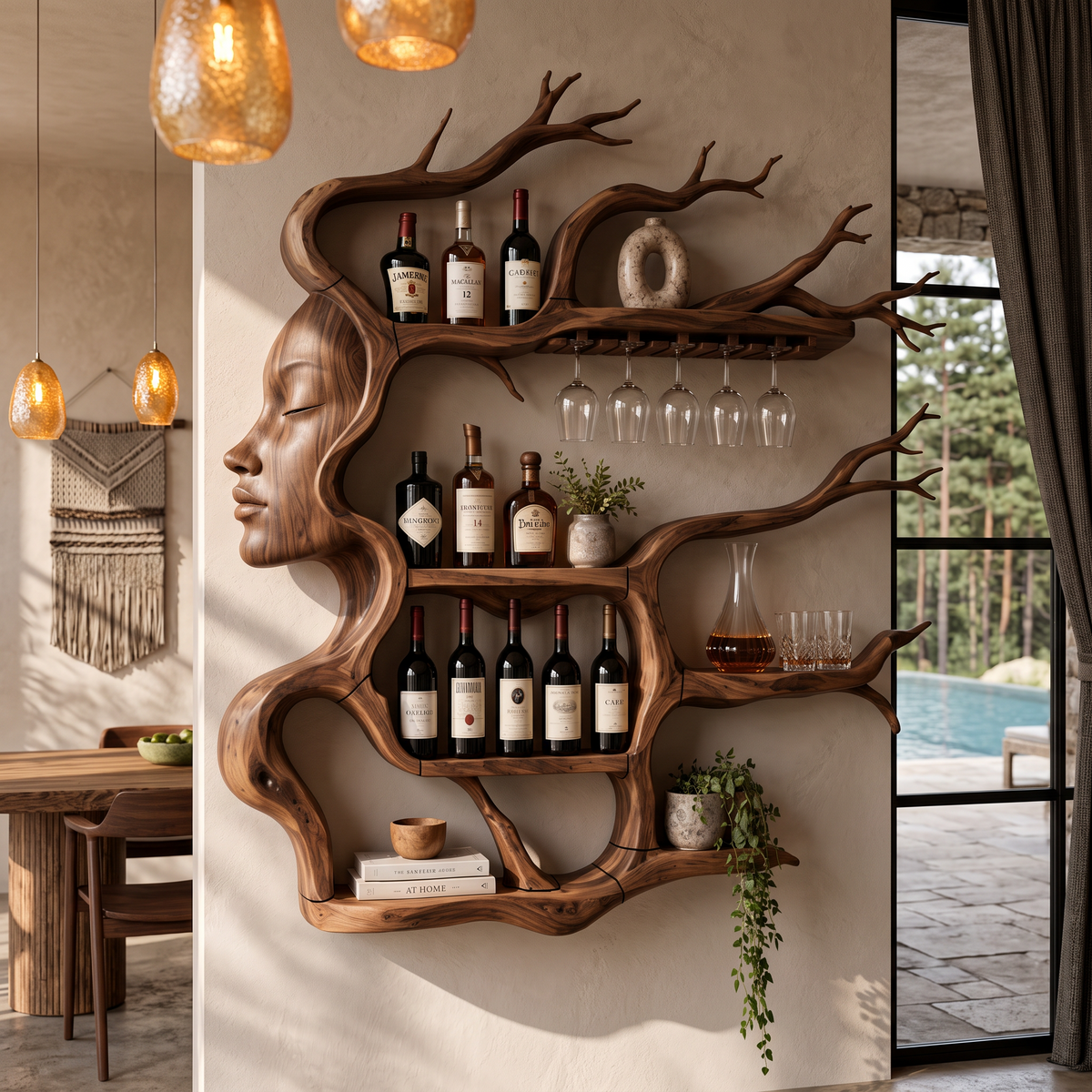 Contemporary Wall Mounted Wine Rack with Sculptural Face Tree Design, solid wood, built to order, view 4