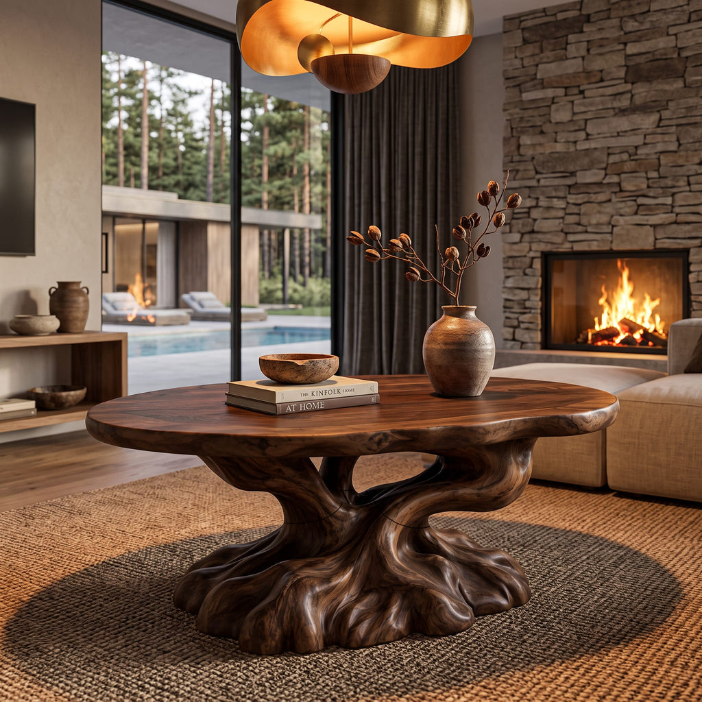 Rustic Coffee Table with Tree Root Inspired Base, solid wood, built to order