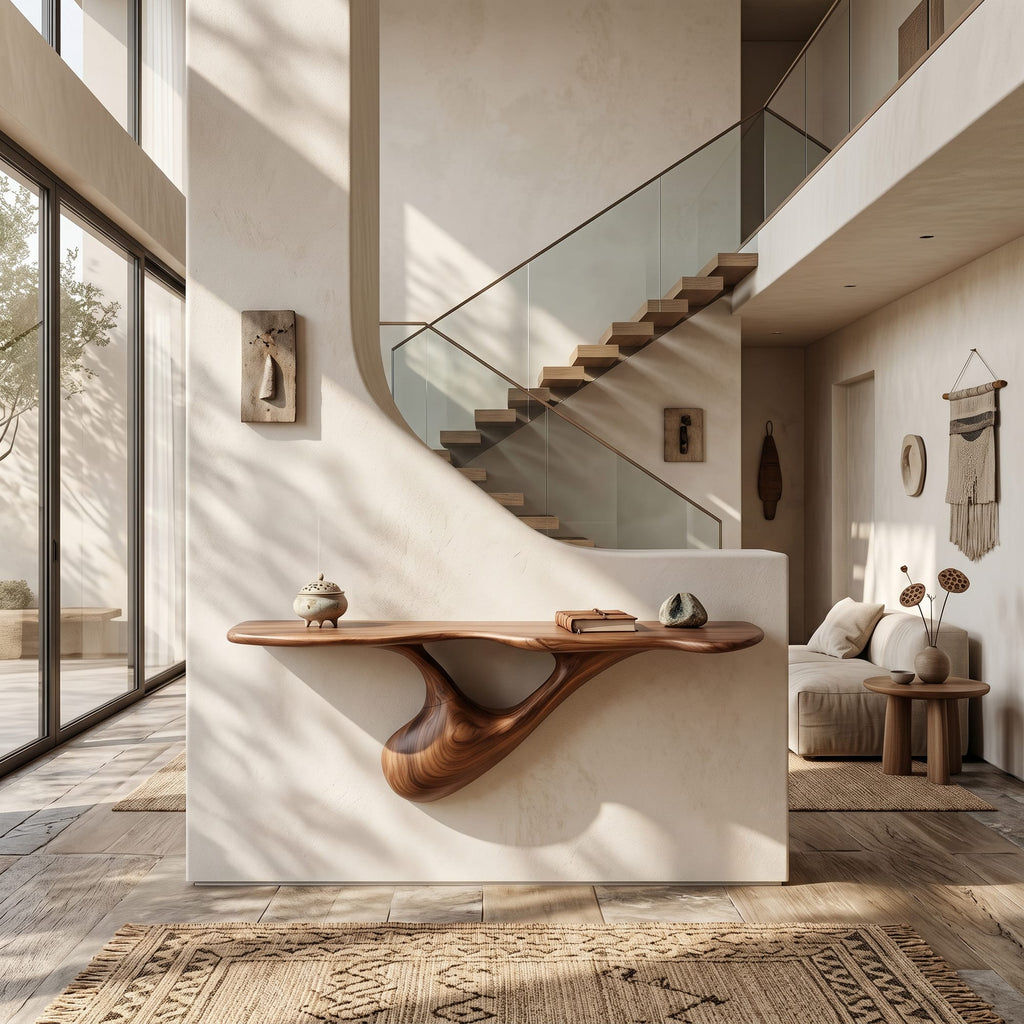 Organic Wall Mounted Console Table with Sculptural Tree Root Design, solid wood, built to order