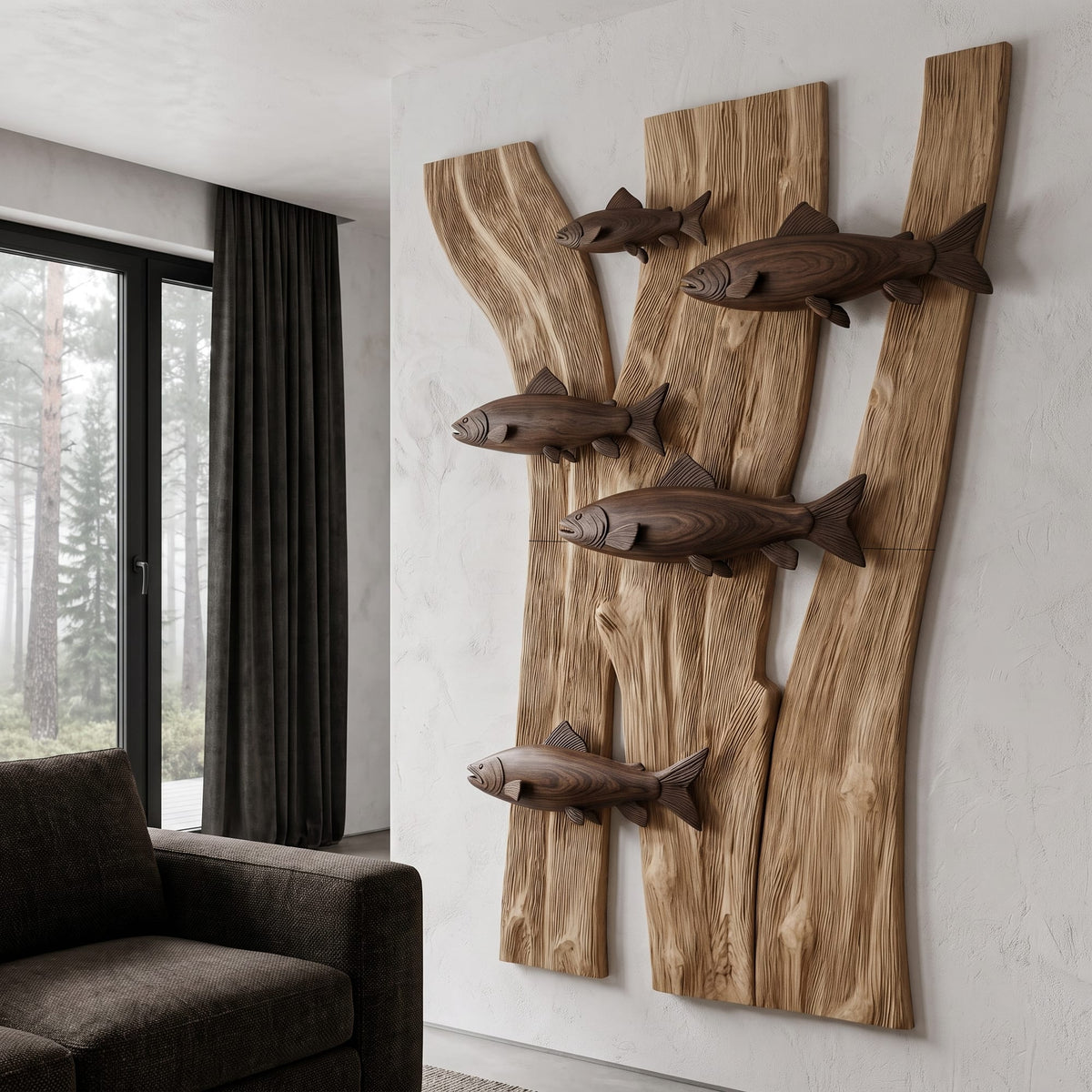 Contemporary Fish Wall Decor with Sculptural River Scene, solid wood, built to order