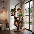 Contemporary Plant Display Stand with Floating Circular Shelves, solid wood, built to order