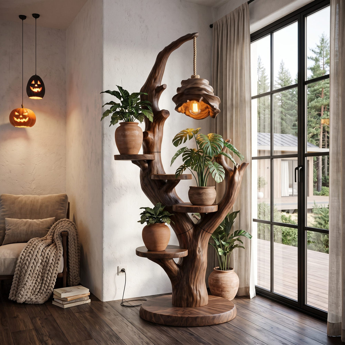 Contemporary Plant Display Stand with Floating Circular Shelves, solid wood, built to order